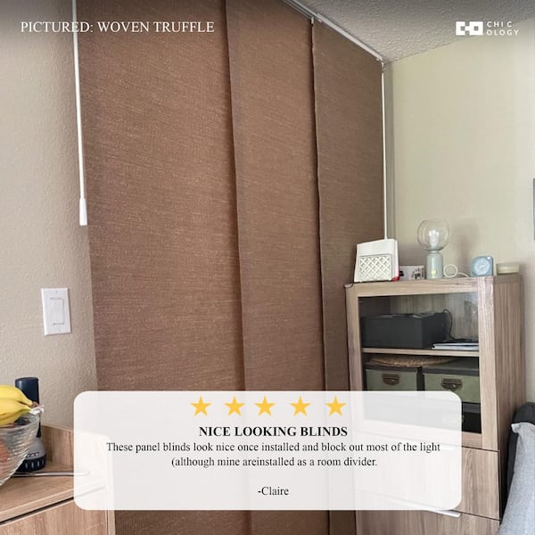 Movie Night Cut-to-Size White Blackout Adjustable Sliding Panel Track Blind with 23 in Slats Up to 86 in. W x 96 in. L