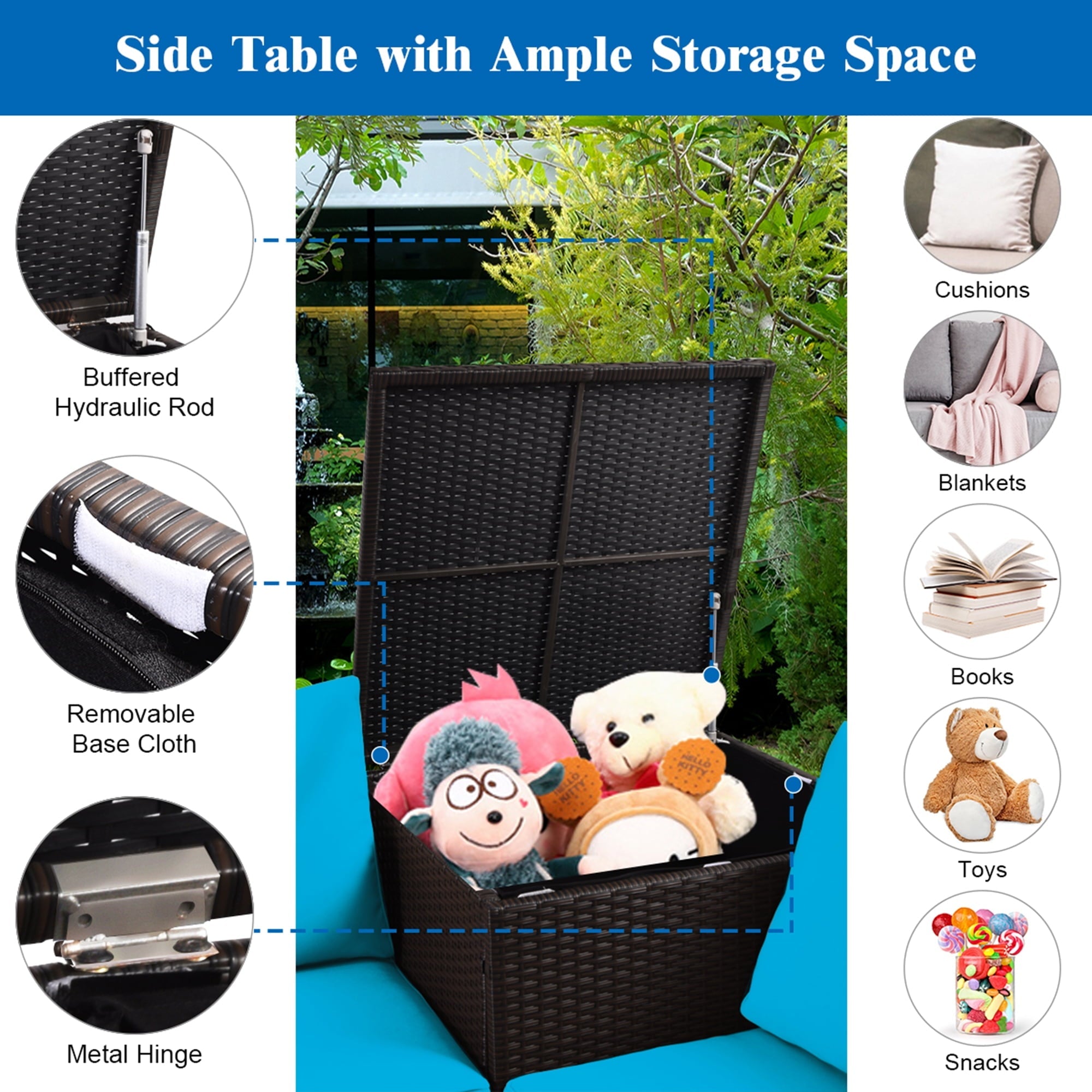 Gymax 8PCS Cushioned Rattan Patio Conversation Set w/ Side Table Turquoise Cushion