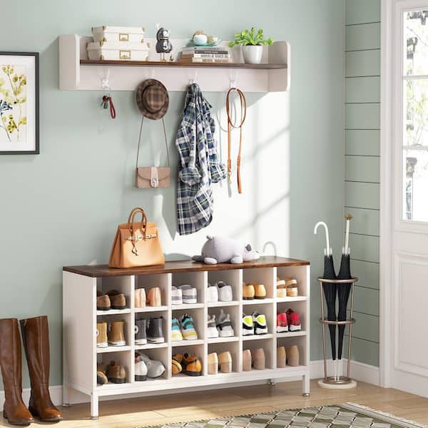Carmalita White and Brown Hall Tree with Shoe Cubby and Coat Rack, Shoe Rack Bench with Wall Mounted Shelf and Hooks