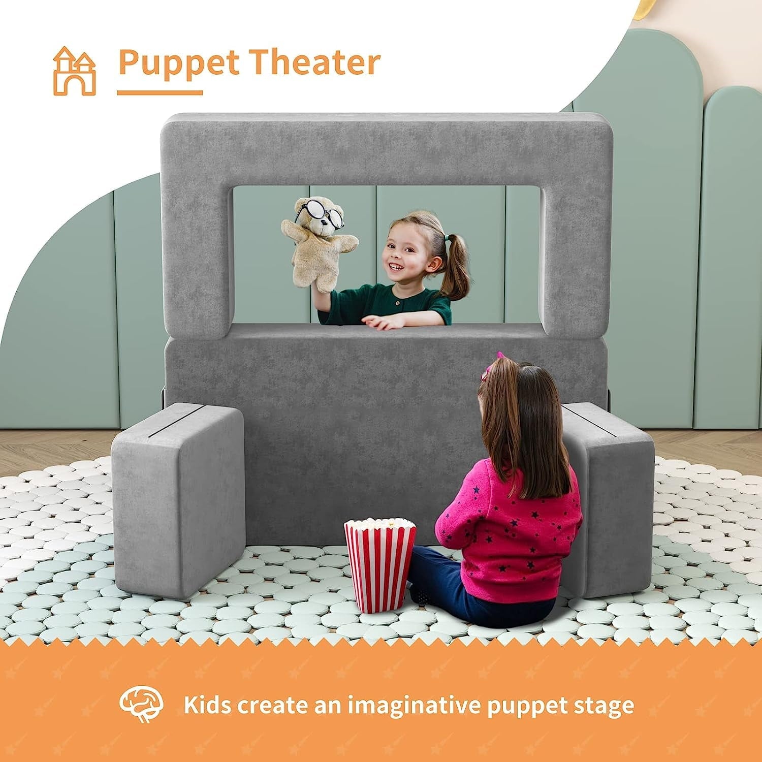 Wanan Kids Couch with Two Ottoman, Toddler Couch Sofa for Kids, Modular Kids Sofa Couch with Washable Covers, Play Couch Foldable Loveseat, Kids Fold Out Couch Lounger (Gray)