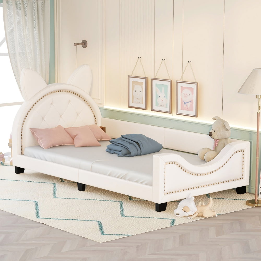 Upholstered Daybed with Carton Ears Shaped Headboard, Solid Wood Twin Size Daybed Frame with Nailhead Trims & Slat Supports, Low Platform Bed for Girls Boys, No Box Spring Needed, White