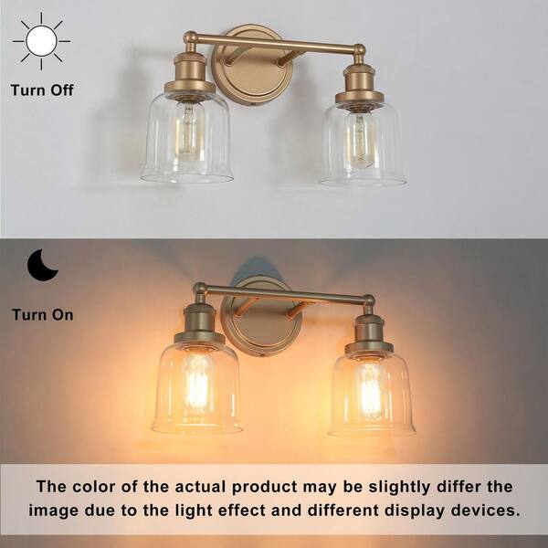 Coastal Bell Bathroom Vanity Light 2-Light Brass Gold Transitional Powder Room Wall Light with Clear Glass Shades