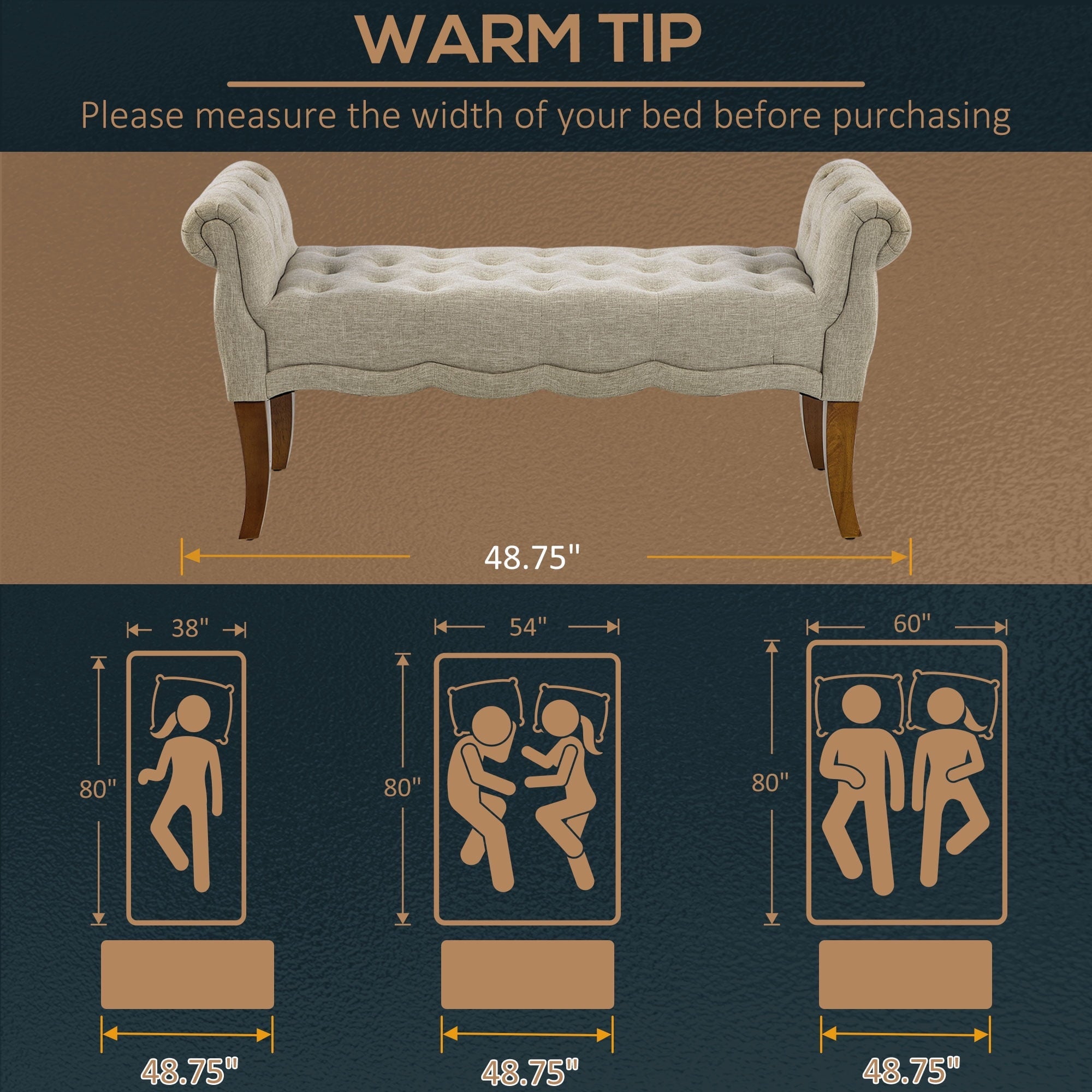 HOMCOM Traditional Style End of Bed Bench, Upholstered Entryway Bench with Button Tufted and Rounded Arm, Beige