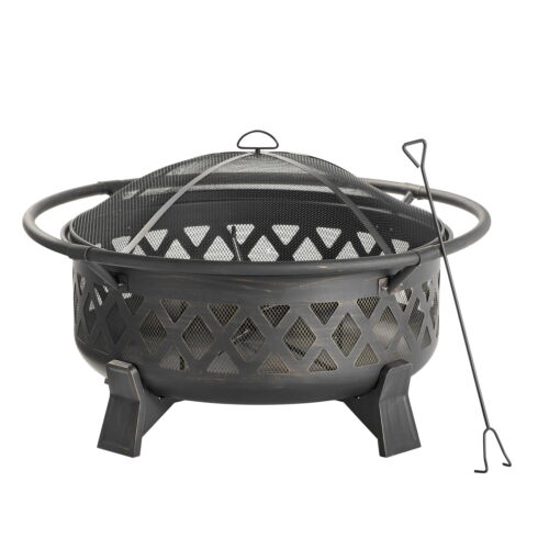 Round Lattice Wood Burning Fire Pit with Cover, Antique Bronze 35"