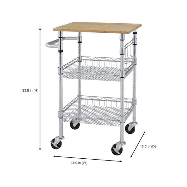 Gatefield Small Chrome Metal Rolling Kitchen Microwave Cart with Natural Wood Top and Tiered Shelves (24