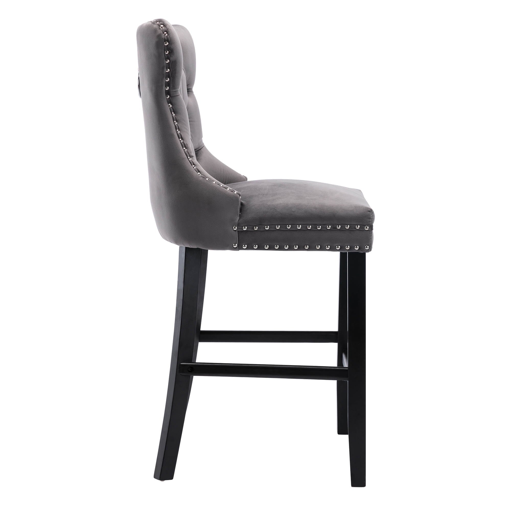 Velvet Bar Stools Set of 2, Upholstered Counter Height Bar Chair with Rivet and Button Trim, Bar Stool with Back and Footrest, for Dining Room, Kitchen, Pub, Gray