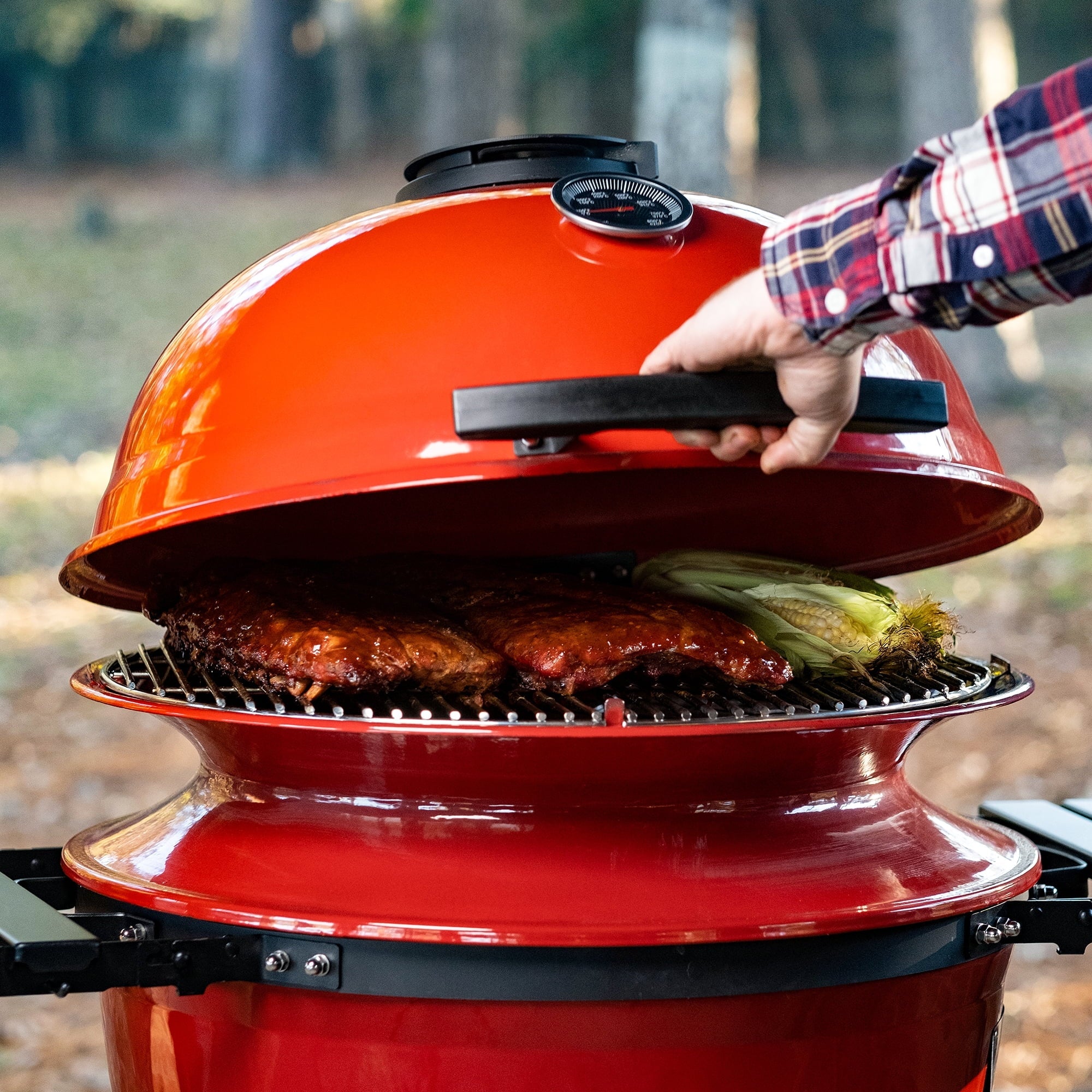 Kamado Joe Kettle Joe 22 in. Charcoal Grill in Red with Hinged Lid, Cart, and Side Shelves