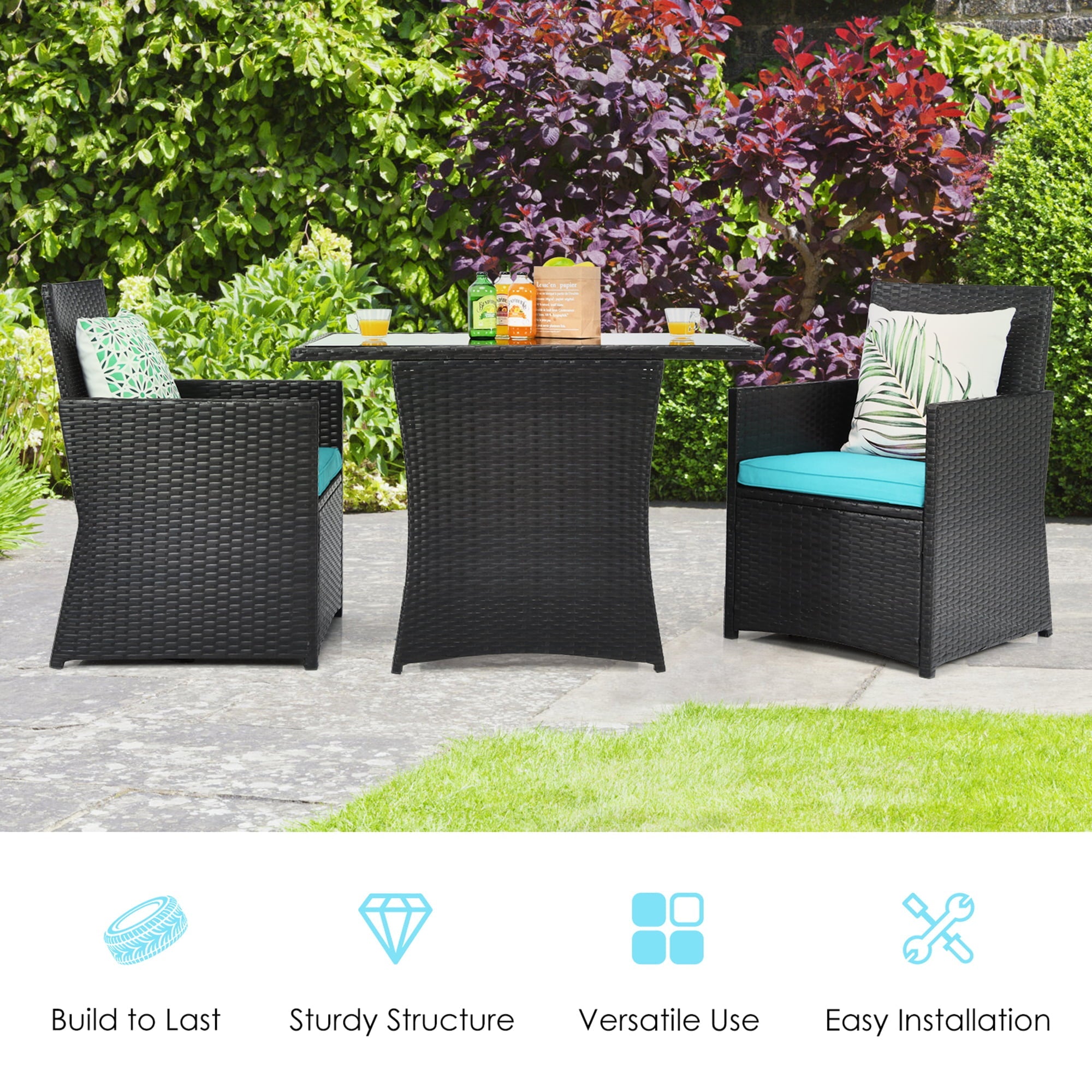 Gymax 3PCS Patio Wicker Bistro Set PE Rattan Dining Table Set w/ Turquoise Cushions