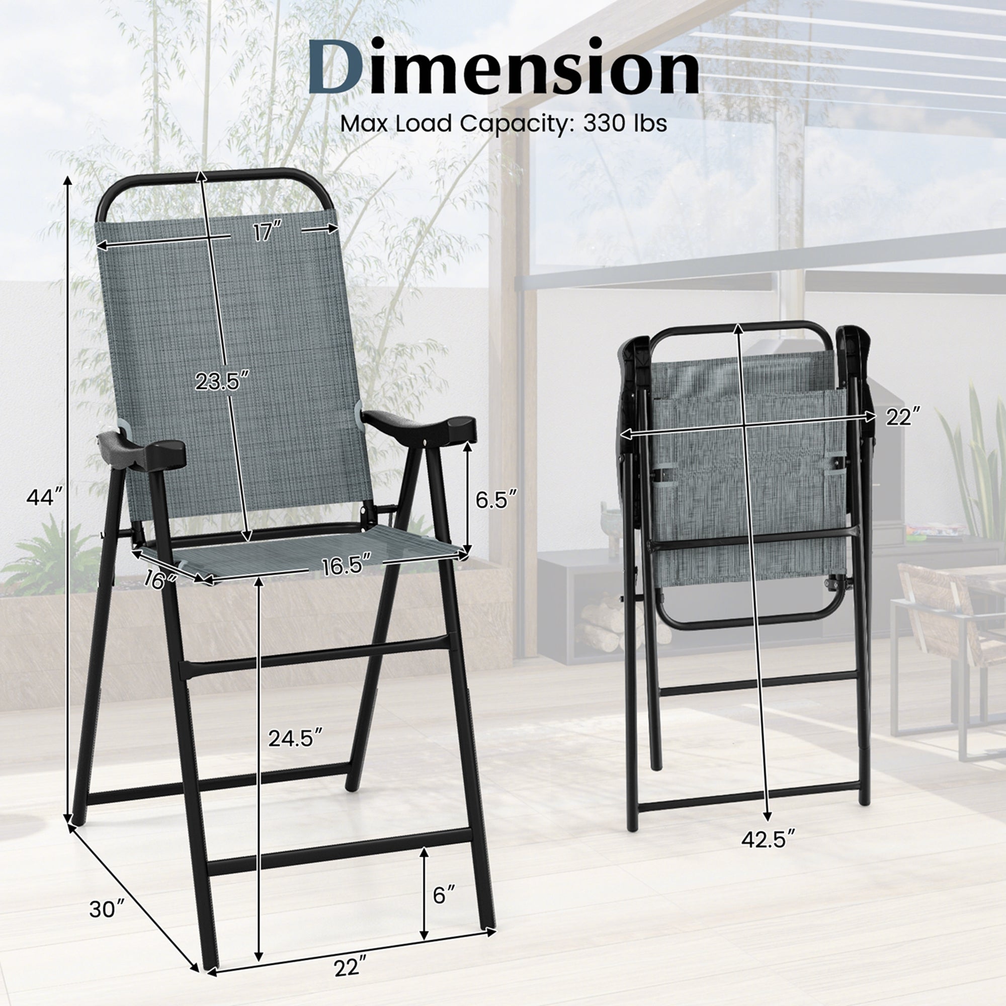 Costway 2 PCS Patio Bar Chair Folding Bar Height Metal Frame with Footrest Garden Blue