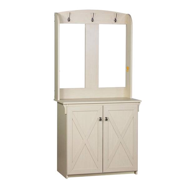 Hawksbury Antique White Hall Trees With Cabinet