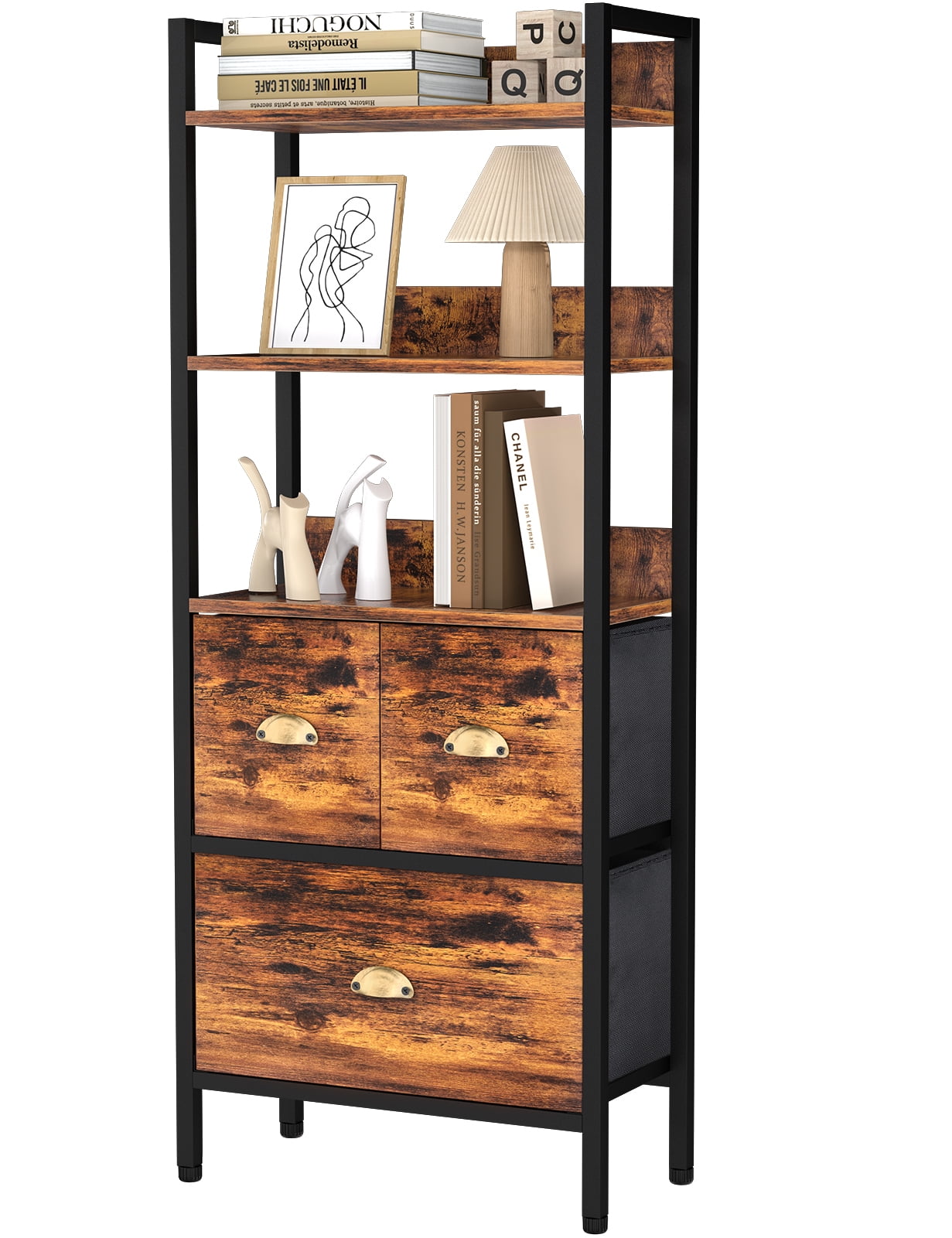 Behost 5 Tier 60in Tall Bookcase Open Bookshelf with Drawers Set of 1, Rustic Brown