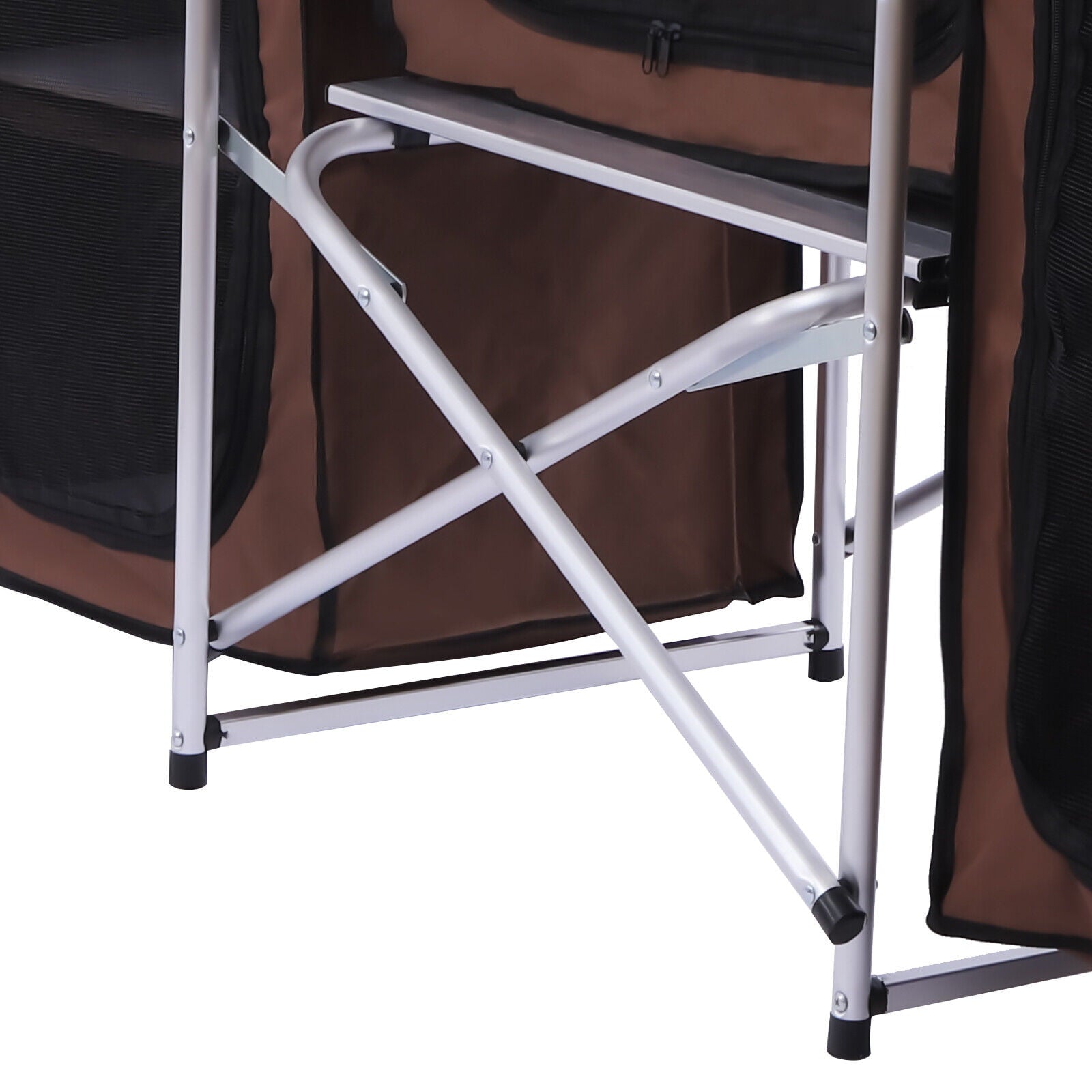 Folding Camping Kitchen Table with Storage Portable Outdoor Cooking Table with Aluminium Windscreen Kitchen Station with 2 Side Tables for BBQ Grill Picnics Brown