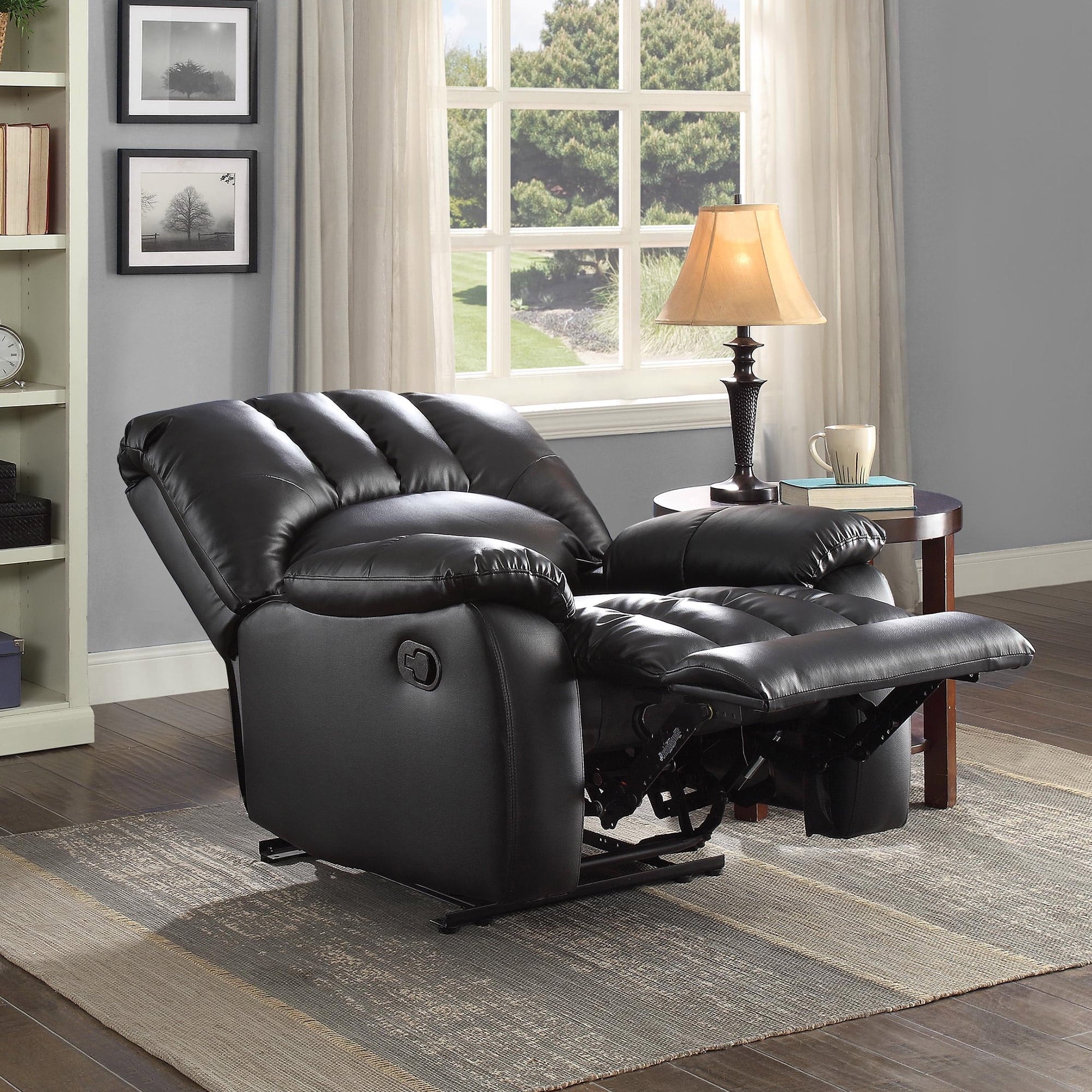Mainstays Recliner, Full-Reclining, Black Faux Leather Upholstery
