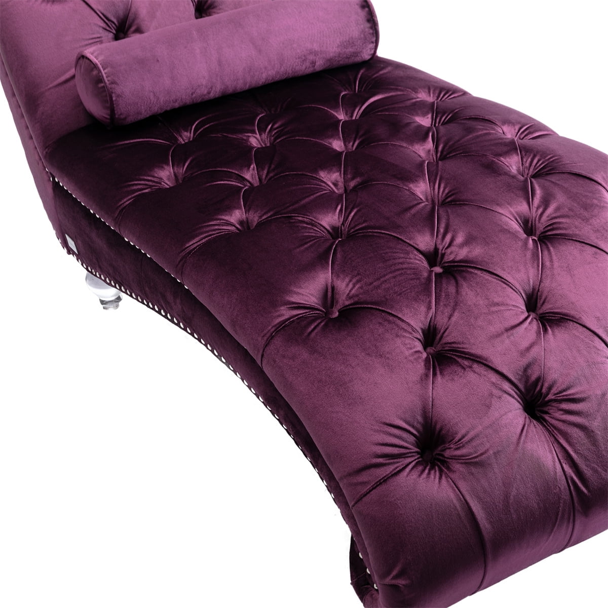 Velvet Chaise Lounge Chair, Modern Button Tufted Lounge Chair with Acrylic Legs and Nailhead Trim, Upholstered Sleeper Chair with Toss Pillow for Living Room Bedroom, Purple
