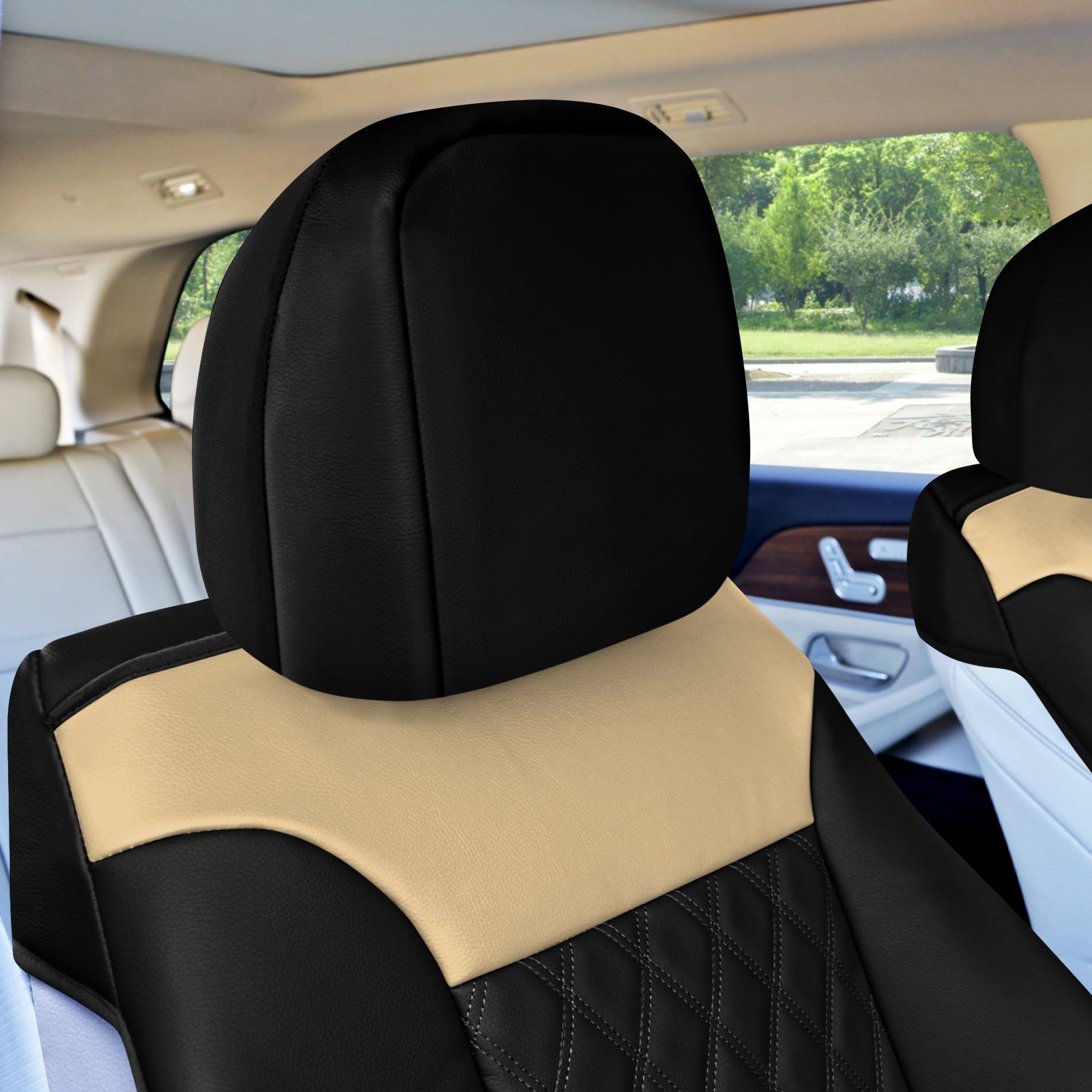 FH Group Deluxe Faux Leather Diamond Pattern Front Seat Car Seat Cushions with Air Freshener Black