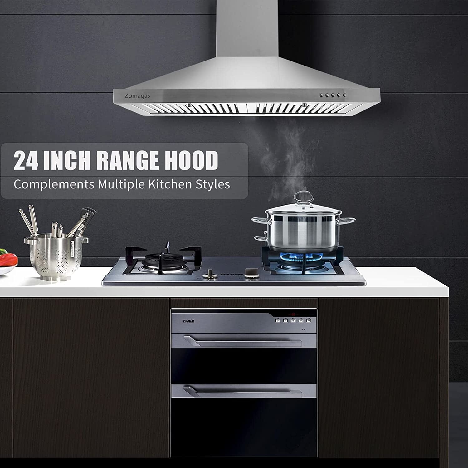 24 inch Range Hood Wall Mount Vent Hood in Stainless Steel 450CFM 3 Speed Exhaust Fan