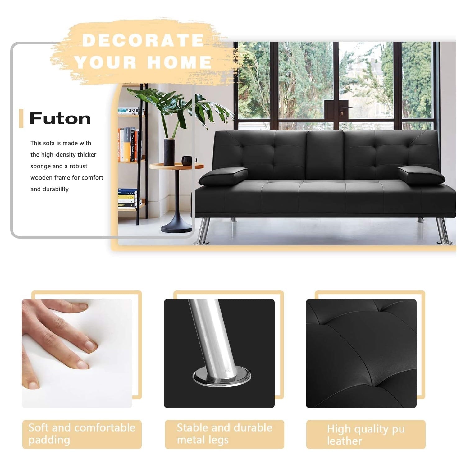 Lacoo Modern Faux Leather Convertible Futon with Cupholders & Pillows, 65