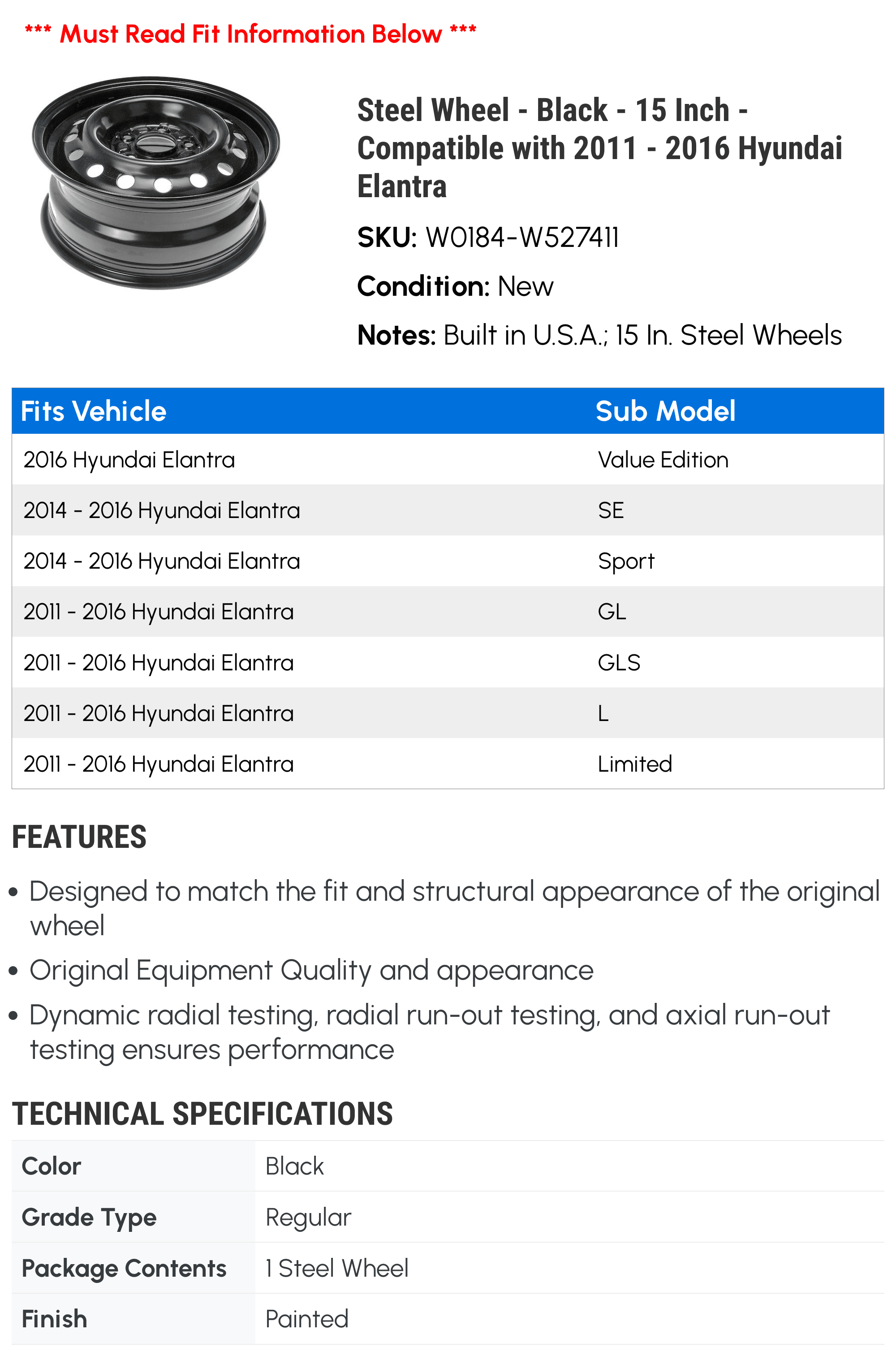 Steel Wheel - Black - 15 Inch - Compatible with 2011 - 2016 Hyundai Elantra 2012 2013 2014 2015