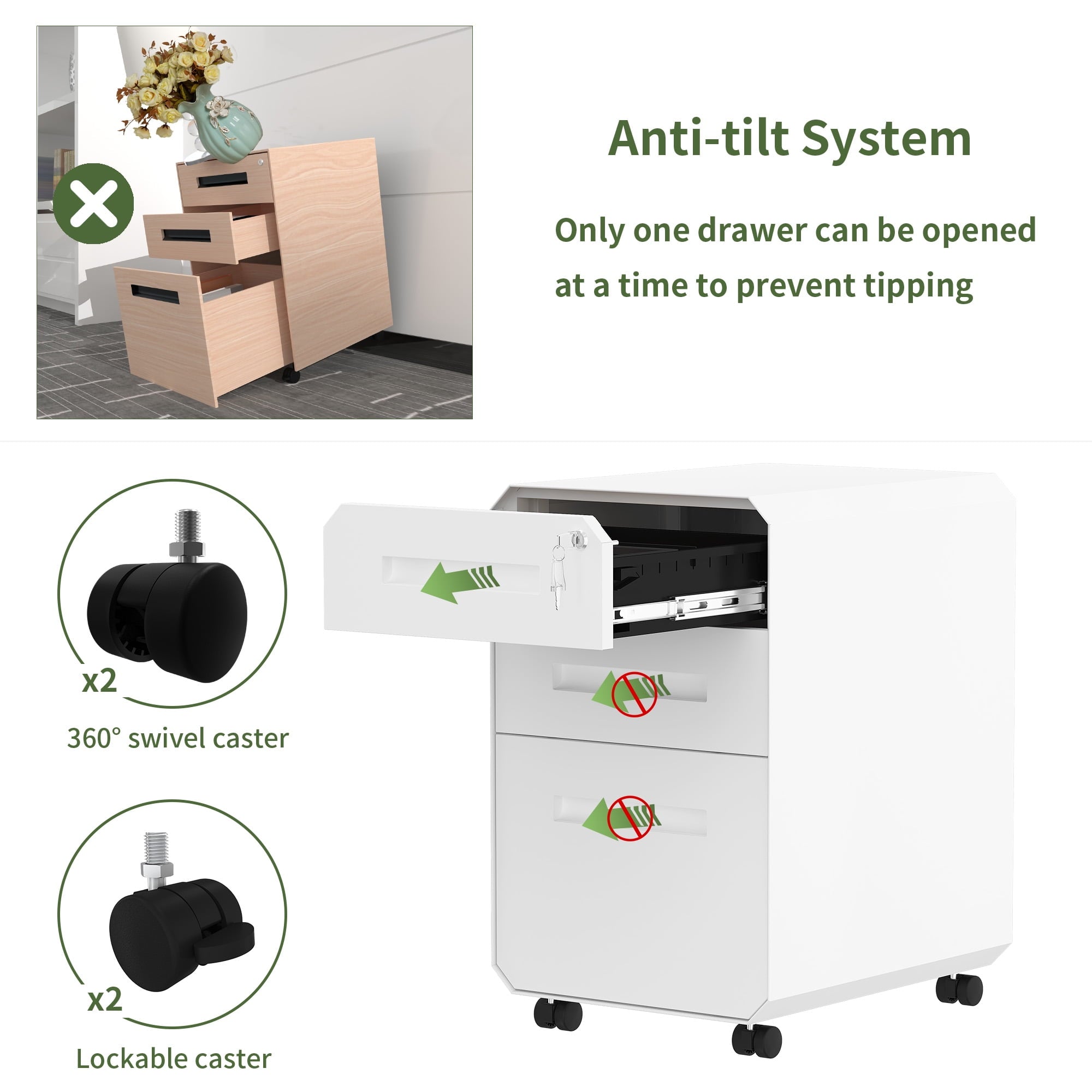 Dextrus 3-Drawer Filing Cabinet Office Drawers with Lock, Divider and Pencil Tray, Portable Metal File Cabinet, Pre-Built Office Storage Cabinet (White)