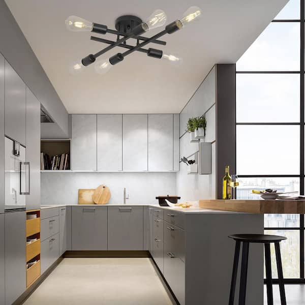 18.9 in. 6-Light Black Sputnik Linear Semi- Flush Mount Ceiling Light Fixture