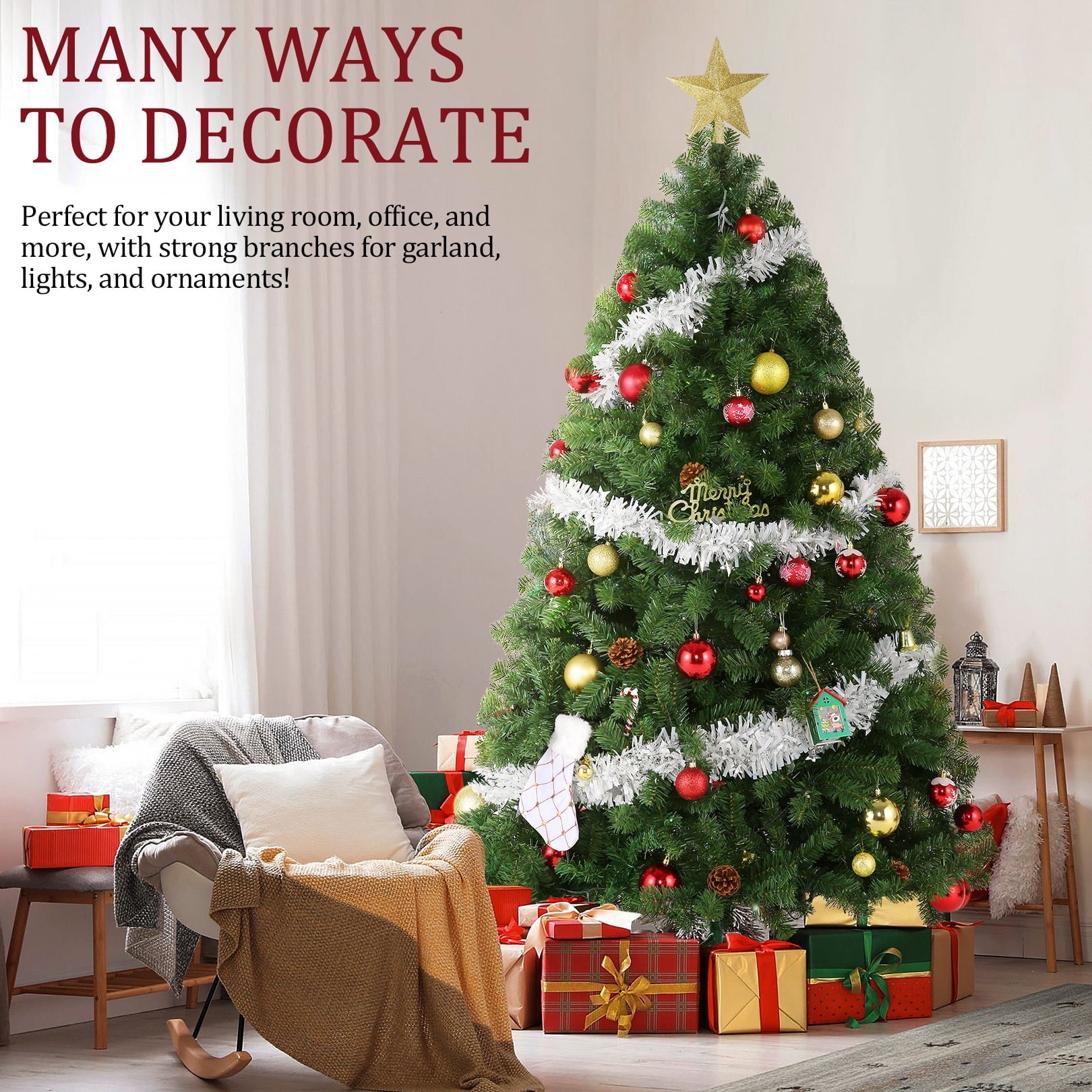 Funcid 6ft Premium Pre-Lit Hinged Artificial Christmas Tree with 1477 PVC Branch Tips, 250 Incandescent Lights Hinged Spruce Full Holiday Xmas Tree with Foldable Metal Stand, for Holiday Decor, Green