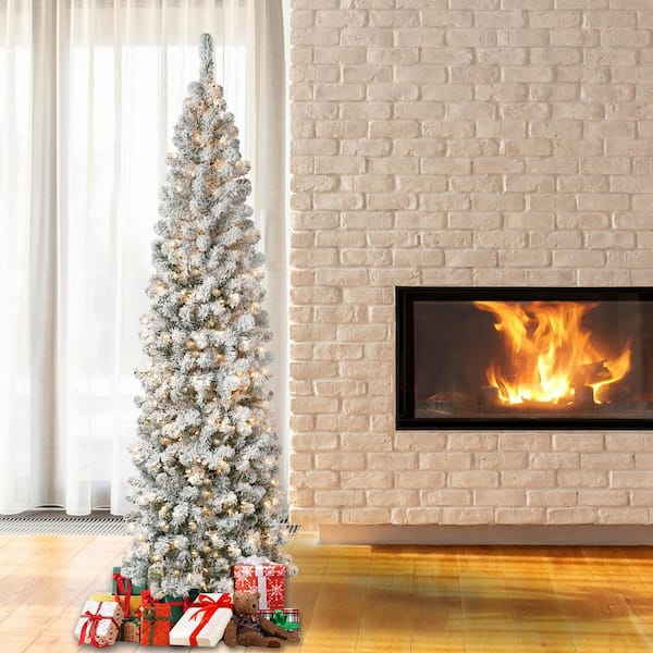 First Traditions 7.5 ft. Acacia Pencil Slim Flocked Artificial Christmas Tree with Clear Lights