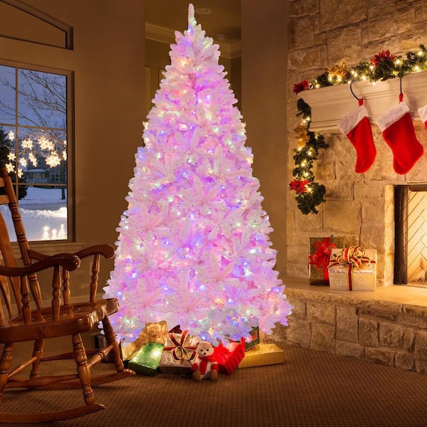 7 ft.Pink Pre-Lit Flocked Artificial Christmas Tree with 500 LED Lights and 1200 Branches