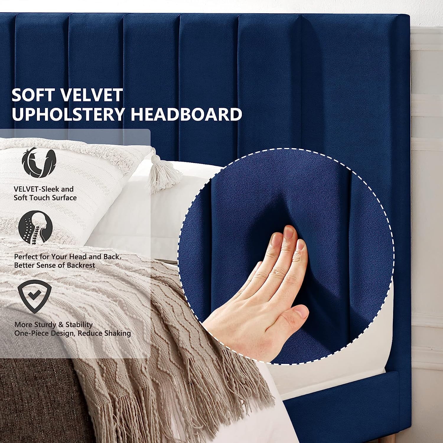 Flolinda King Bed Frame Upholstered Bed Frame with Vertical Channel Tufted Complete High Headboard, Blue