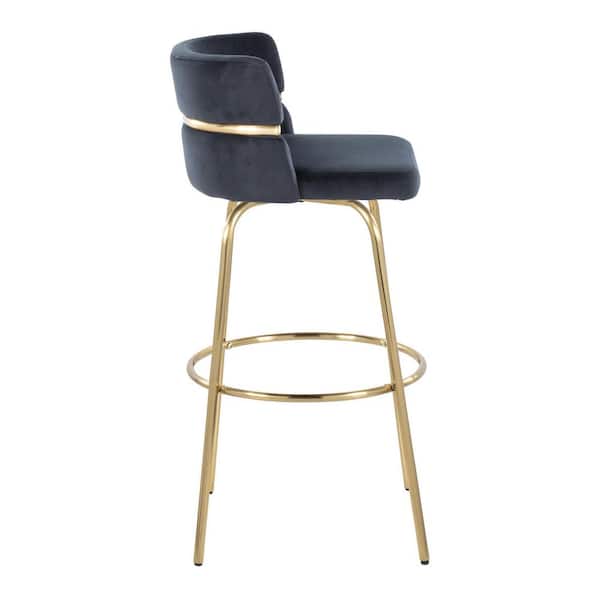 Cinch Claire 29.5 in. Black Velvet and Gold Metal Fixed-Height Bar Stool with Round Footrest (Set of 2)