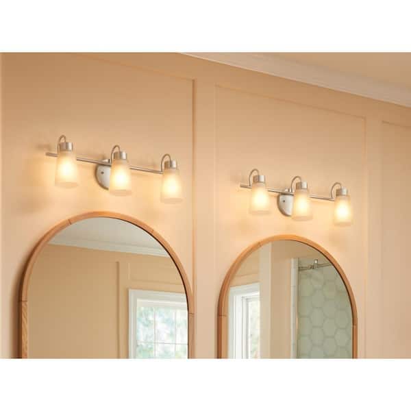 Erma 23 in. 3-Light Brushed Nickel Traditional Bathroom Vanity Light with Satin Etched Glass Shades