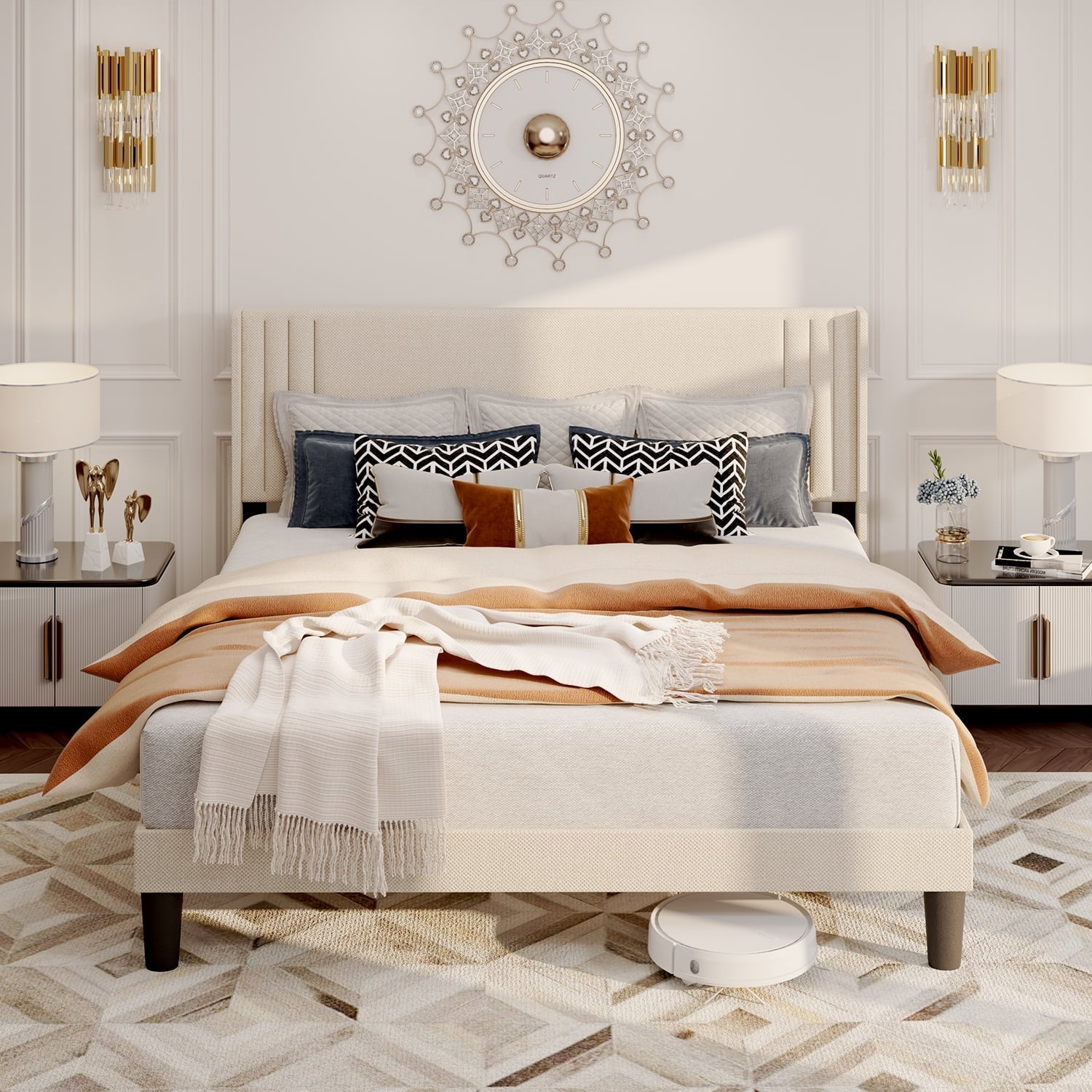 Aiho Queen Bed Frame with Wingback Headboard, Beige