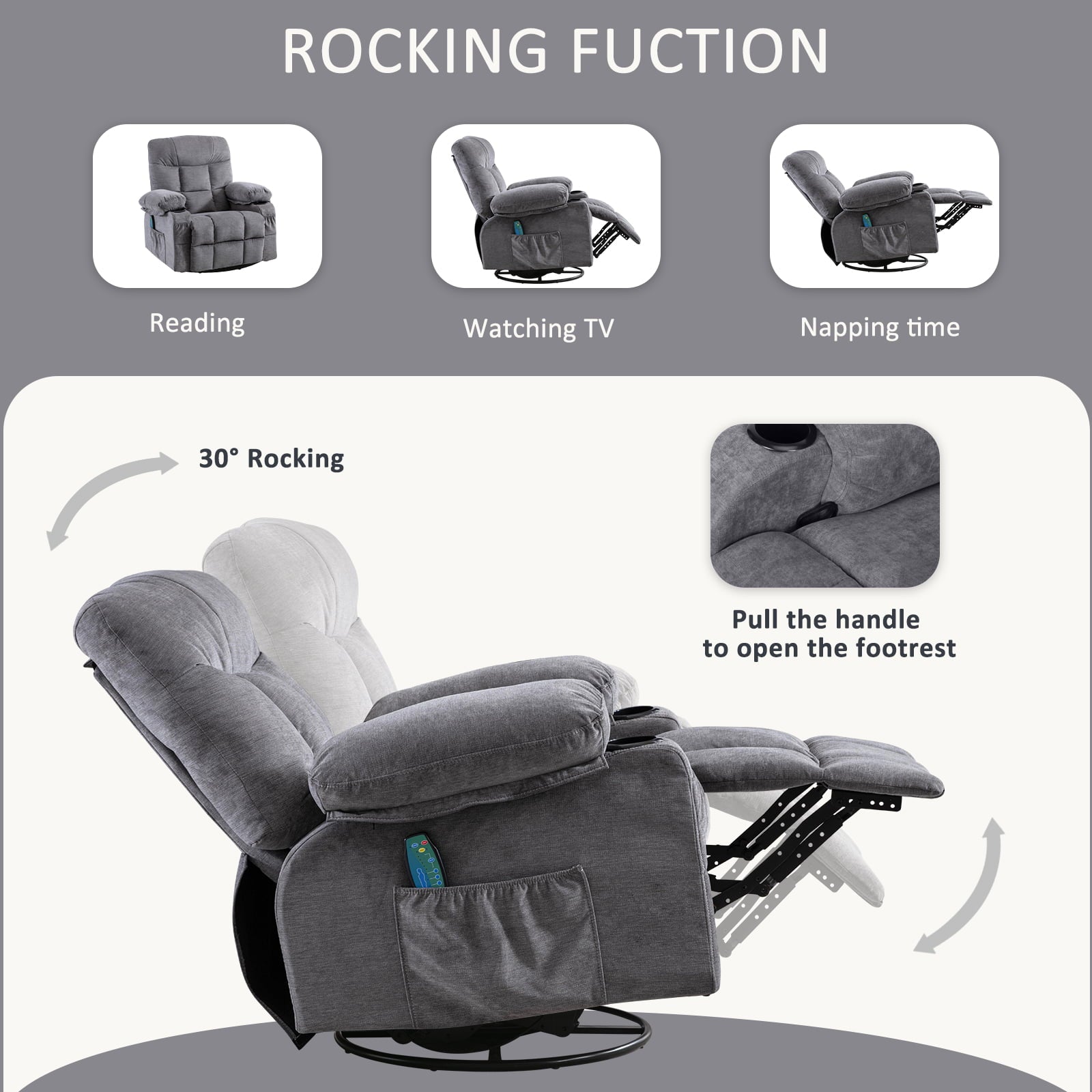 JONPONY Massage Rocker Recliner Chair, Stainless steel, Grey