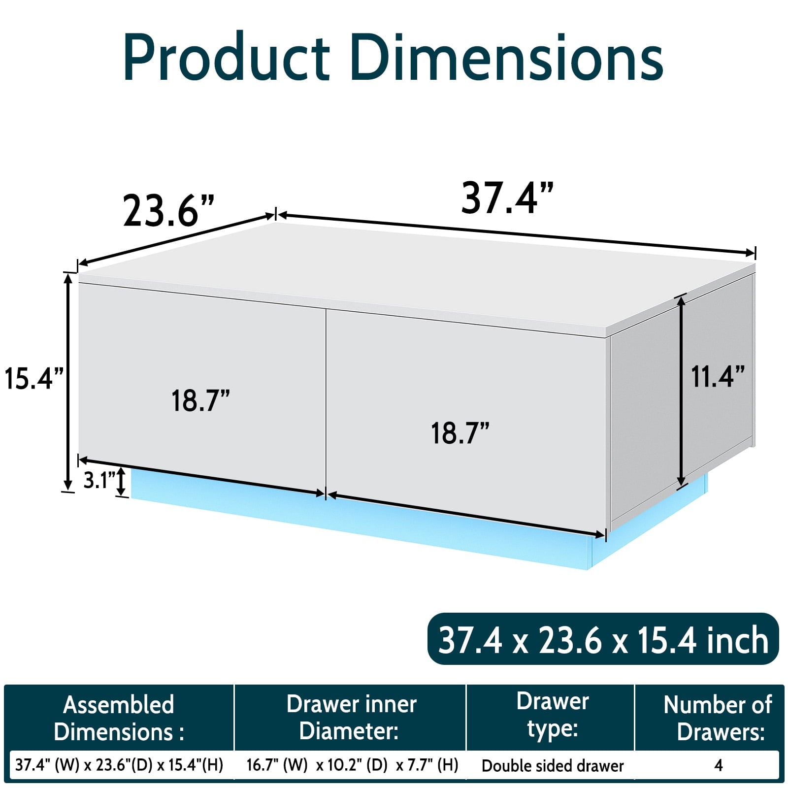 Hommpa Rectangular Coffee Table with LED Lights Tea Tables with 4 Drawers High Gloss Modern Living Room Furniture White Finish Sofa Side Table 37.4 x 23.6 x 15.4 Inches