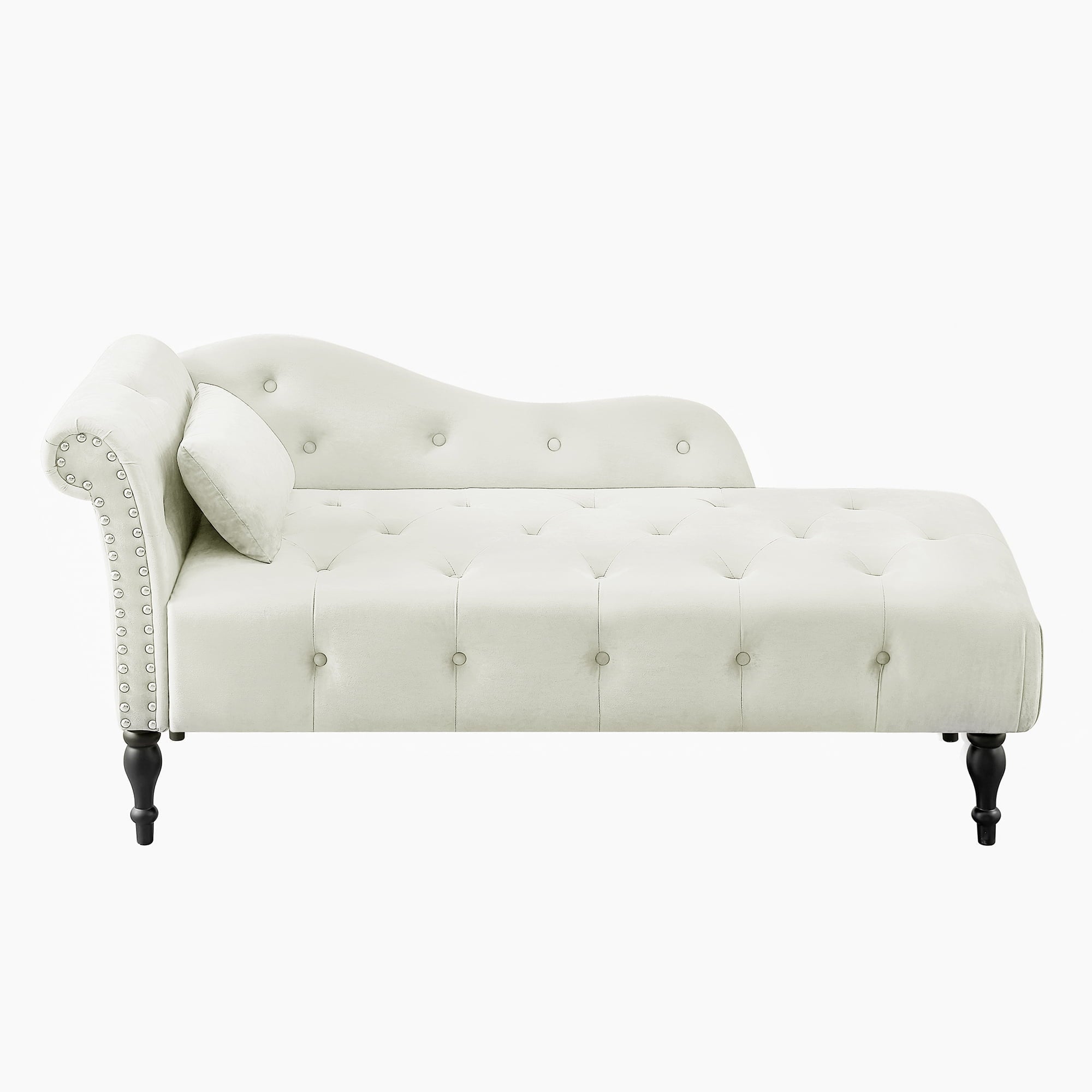 HUTWIFE Velvet Chaise Lounge, Left Arm Design Chaise with Nailhead Trim Tufted Button Lounge Chair with Pillow Modern Upholstered Rolled Arm Lounges Chair for Living Room Bedroom