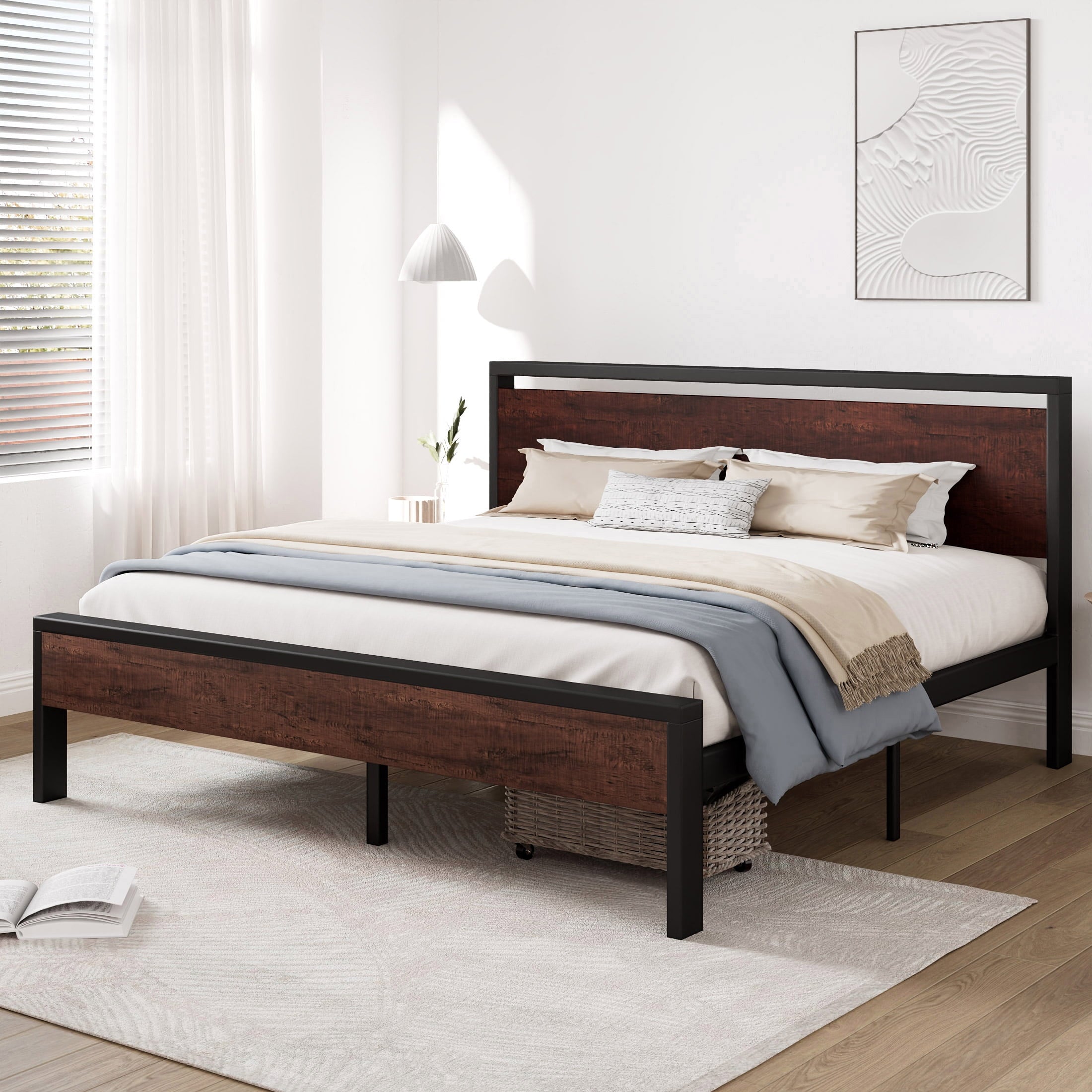 Allewie Walnut King Size Platform Bed Frame with Wood Headboard and Footboard, Heavy Duty Metal Slat