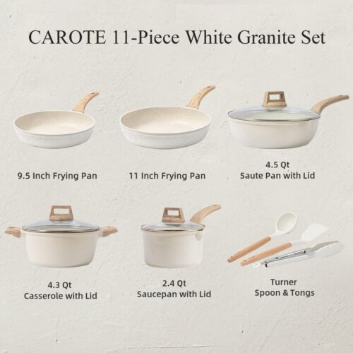 CAROTE Pots and Pans Set Nonstick, White Granite Induction Kitchen Cookware Sets