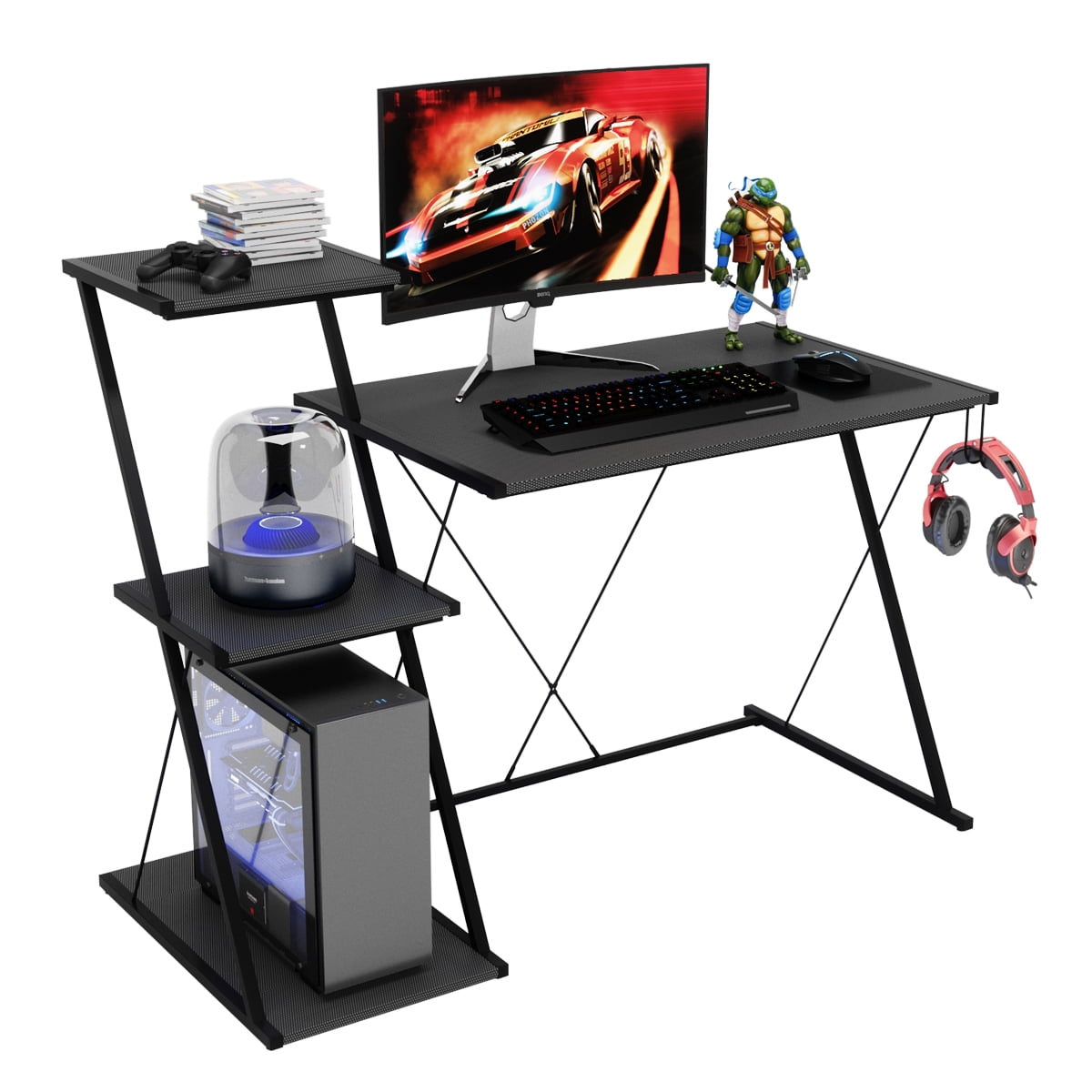 Bestier 51'' Gaming Desk with 3-Tier Open Shelf Come with Headset Hook in Black