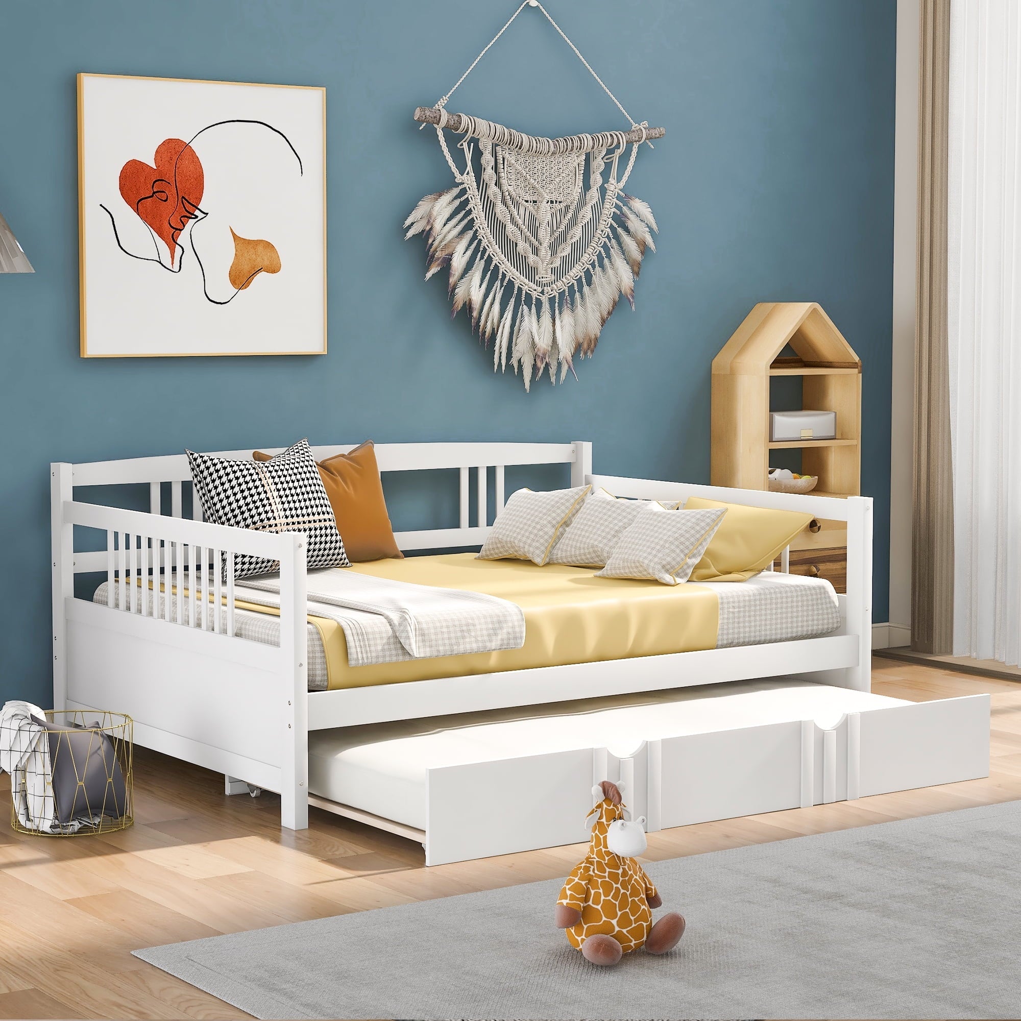 Daybed with Trundle Included, Full Size Daybed Bed Frame with Headboard and Footboard, Living Room Sofa Bed with Pull Out Bed, Wood Single Bed for Kids Boys Girls, No Box Spring Needed, White, J948