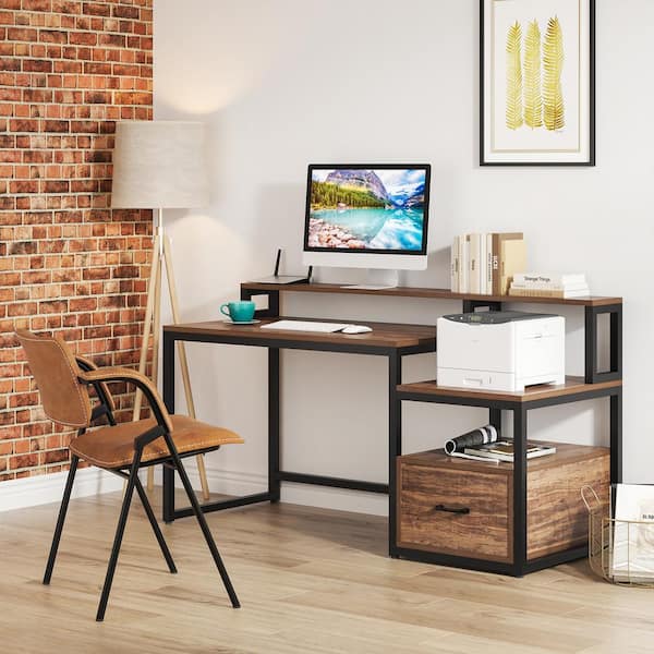 Halseey 59 in. Rectangular Brown Particle Board One Drawer Reversible Computer Desk with Monitor Stand and Storage Shelf