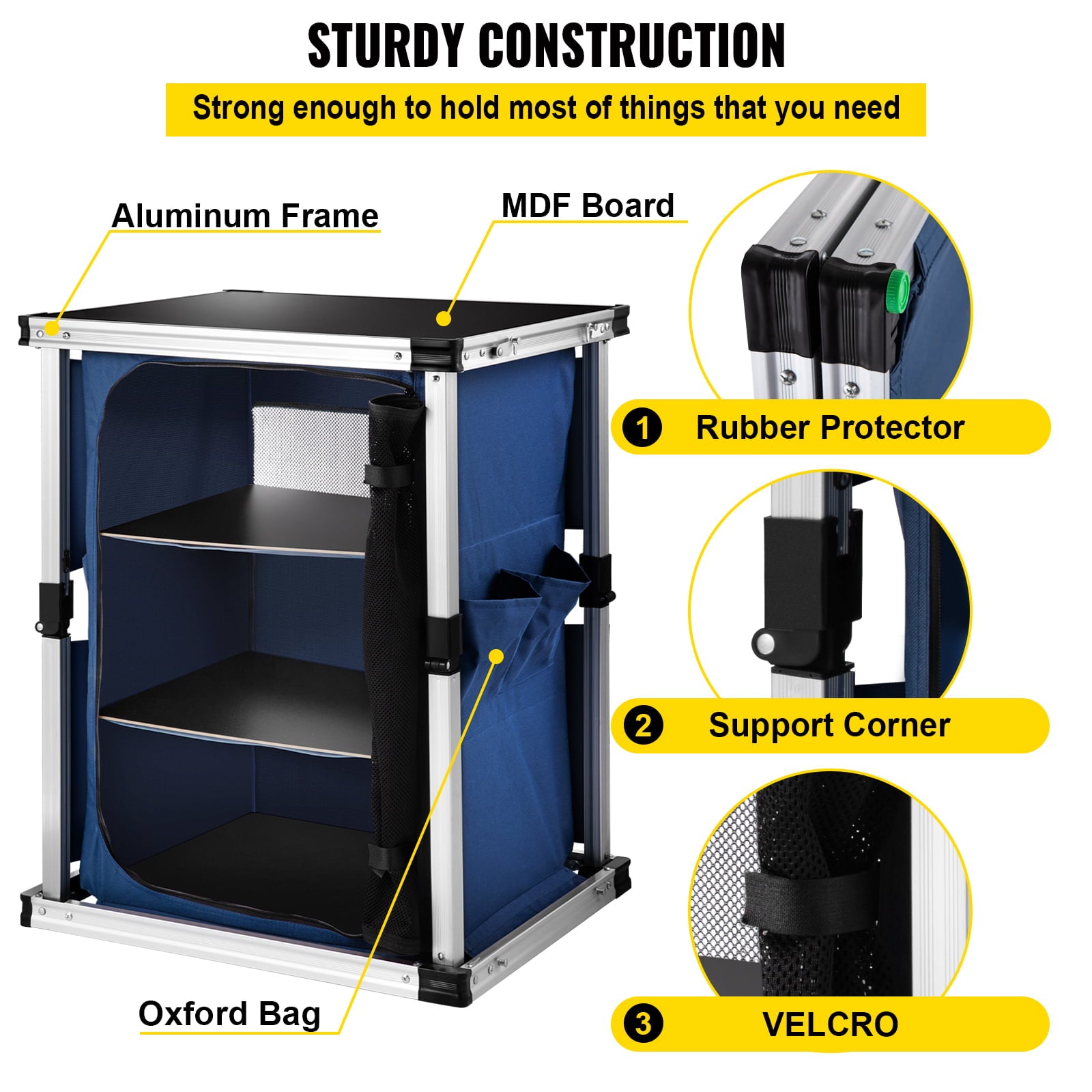 Camping Kitchen Station, Aluminum Portable Folding Cook Table with 3-Tier Storage Organizer, Side Pocket and Carrying Bag, for Outdoor BBQ Party Backyards and Tailgating, Blue