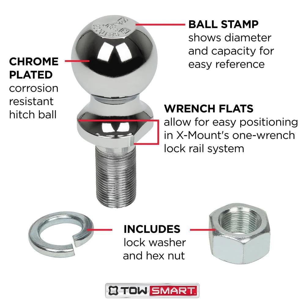 TowSmart Trailer Hitch Ball, Class I, 1-7/8in Ball, 1in x 2in Shank, 2000lb, 712, Chrome, 1 Each