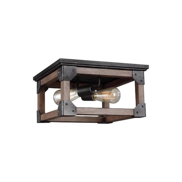 Dunning 13.5 in. W. 2-Light Weathered Gray and Distressed Oak Flush Mount