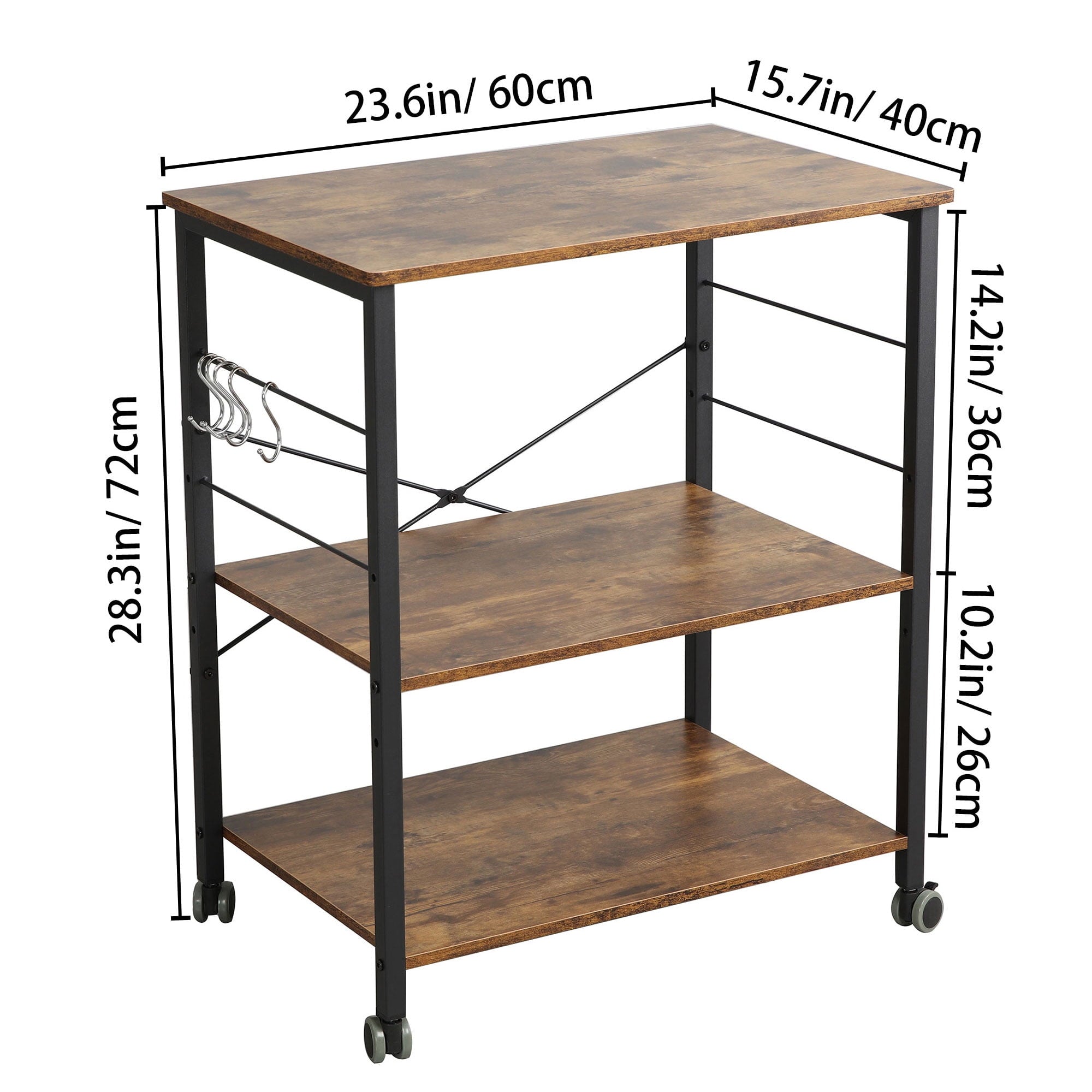 Baker's Rack 23.6 Inch Utility 3 Tier Microwave Stand, Rustic Brown