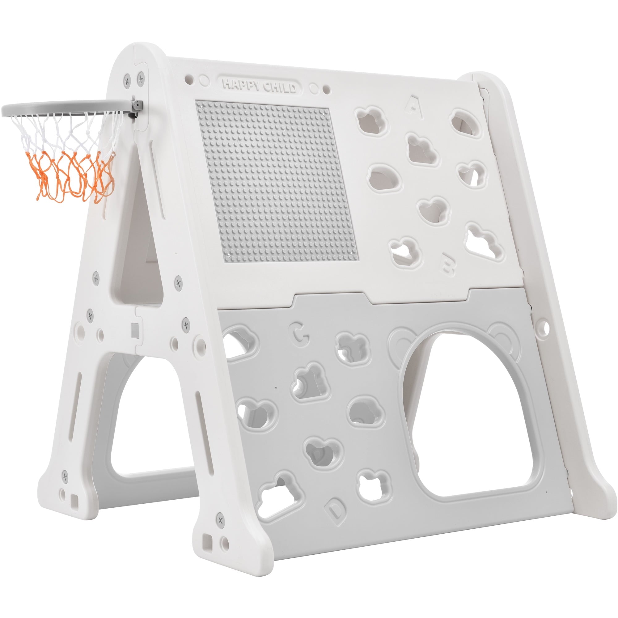 DORROM 5-in-1 Toddler Basketball Hoop Set, Kids Playground Climber Playset with Tunnel, Climber, Whiteboard,Toy Building Block Baseplates, Combination for Babies