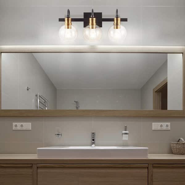 Marais 21.5 in. 3-Light Black/Brass Gold Iron/Glass Rustic Vintage LED Vanity Light