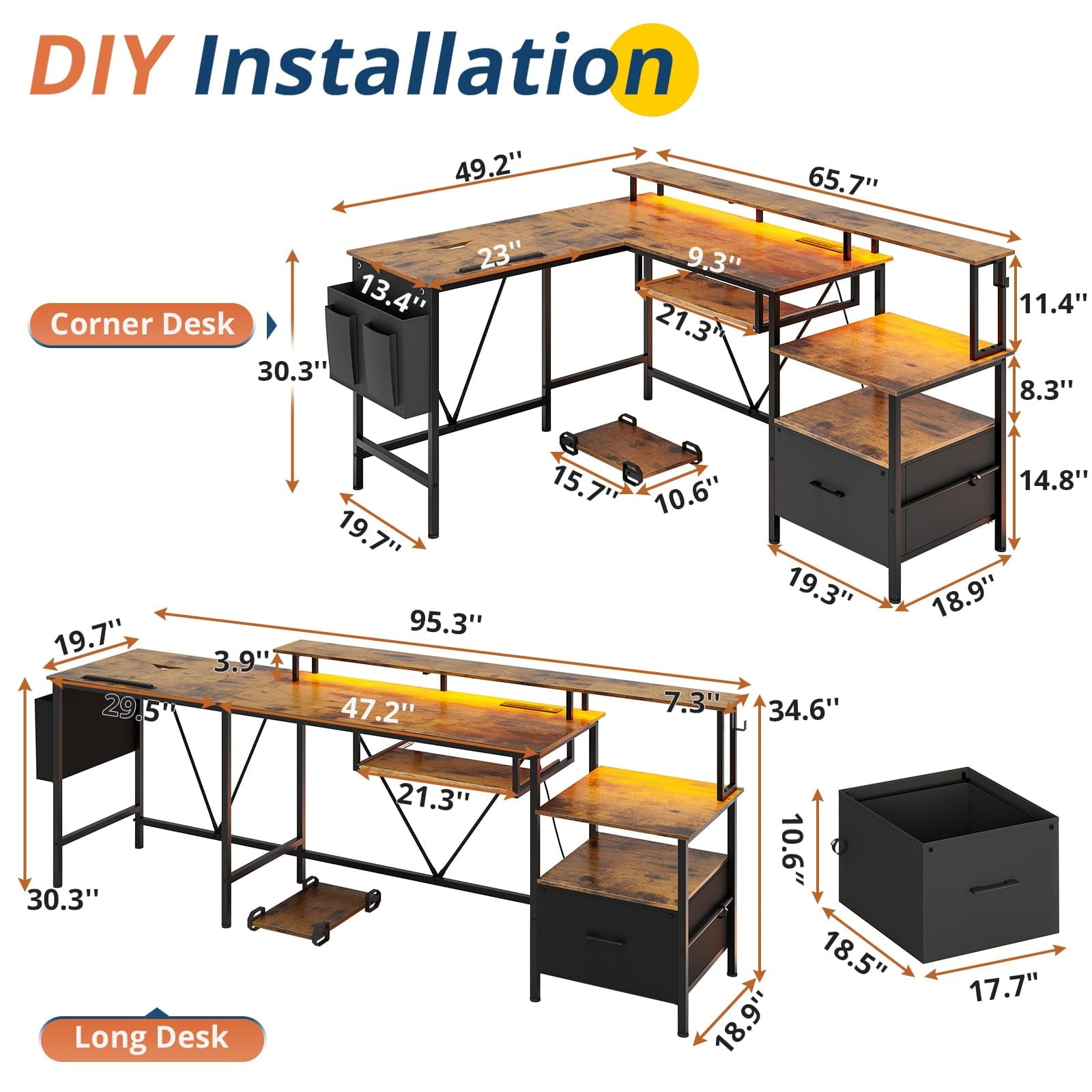SEDETA L Shaped Gaming Desk, Led Reversible Corner Computer Desk with Power Outlet, Home Office Desk Drawer File Cabinet Keyboard Tray Storage Bag Monitor Stand CPU Stand，Brown