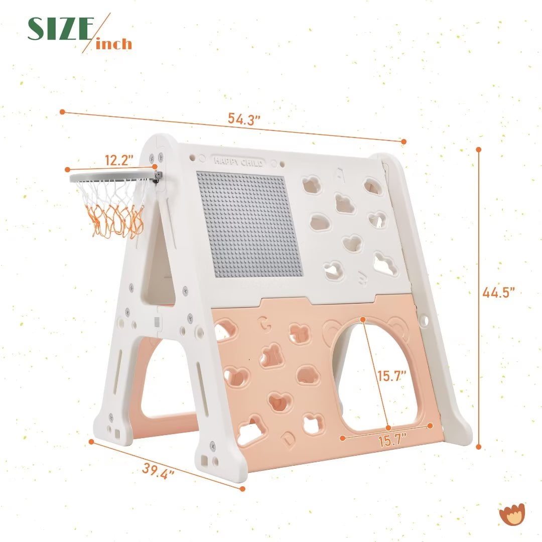 Climbing Toys for Toddlers 1-3, 5 in 1 Toddler Climber Basketball Hoop Set, Kids Playground Climber Playset with Tunnel,Climber,Whiteboard,Toy Building Block Baseplates,Combination for Babies,Pink