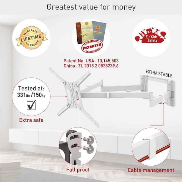 Barkan 13 in. - 80 in. Full Motion - 4 Movement Extra Long Dual Arm Flat/Curved TV Wall Mount White Extremely Extendable