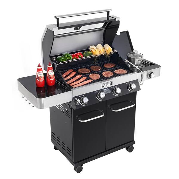 4-Burner Propane Gas Grill in Black with ClearView Lid, LED Controls, Side Burner and USB Light