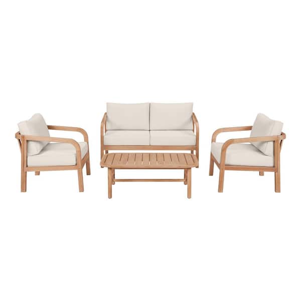 Orleans 4-Piece Eucalyptus Wood Patio Conversation Set with Almond Cushions